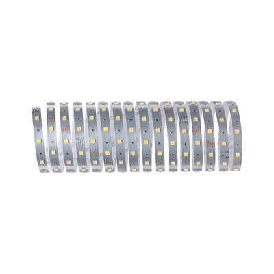 Flexible silver LED strip with warm white LEDs for versatile modern lighting applications.