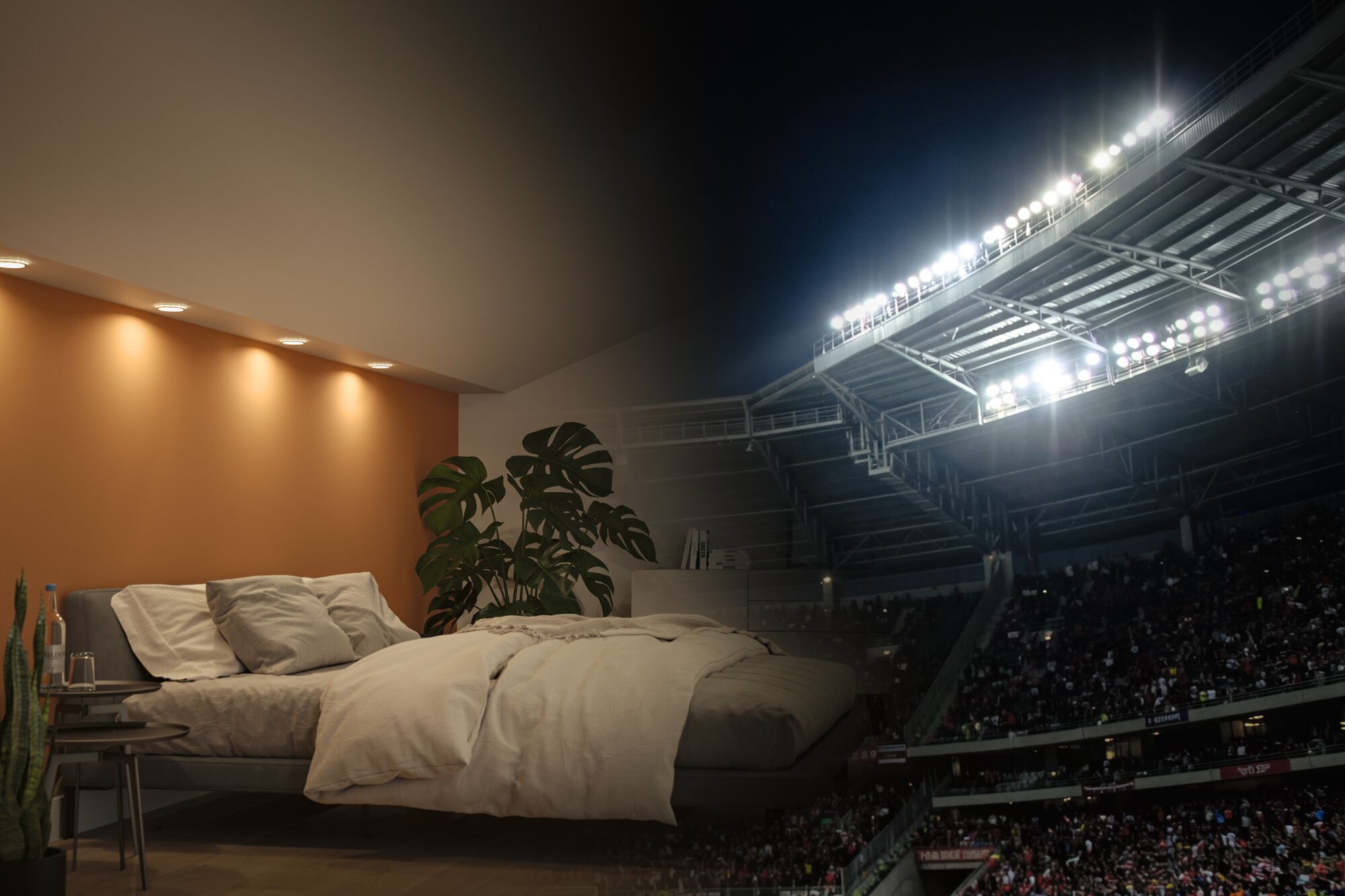 Wohnzimmer mit warmweißen LED-Einbaustrahlern an der Decke und gemütlichem Bett in Beige