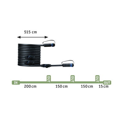 Zwarte verbindingskabel met meerdere uitgangen en 515 cm lengte voor LED-verlichtingssystemen.
