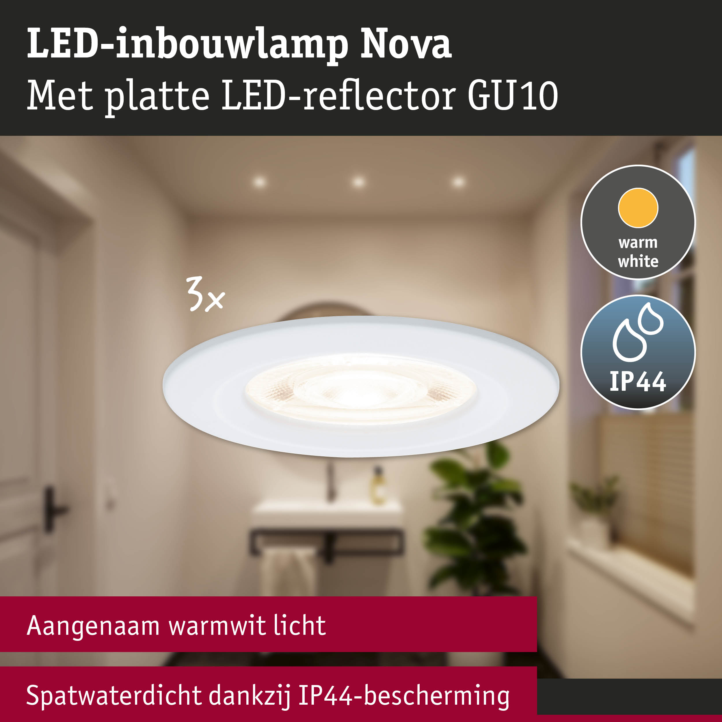 Witte LED-inbouwlamp Nova met platte LED-reflector GU10 en IP44 spatwaterdicht