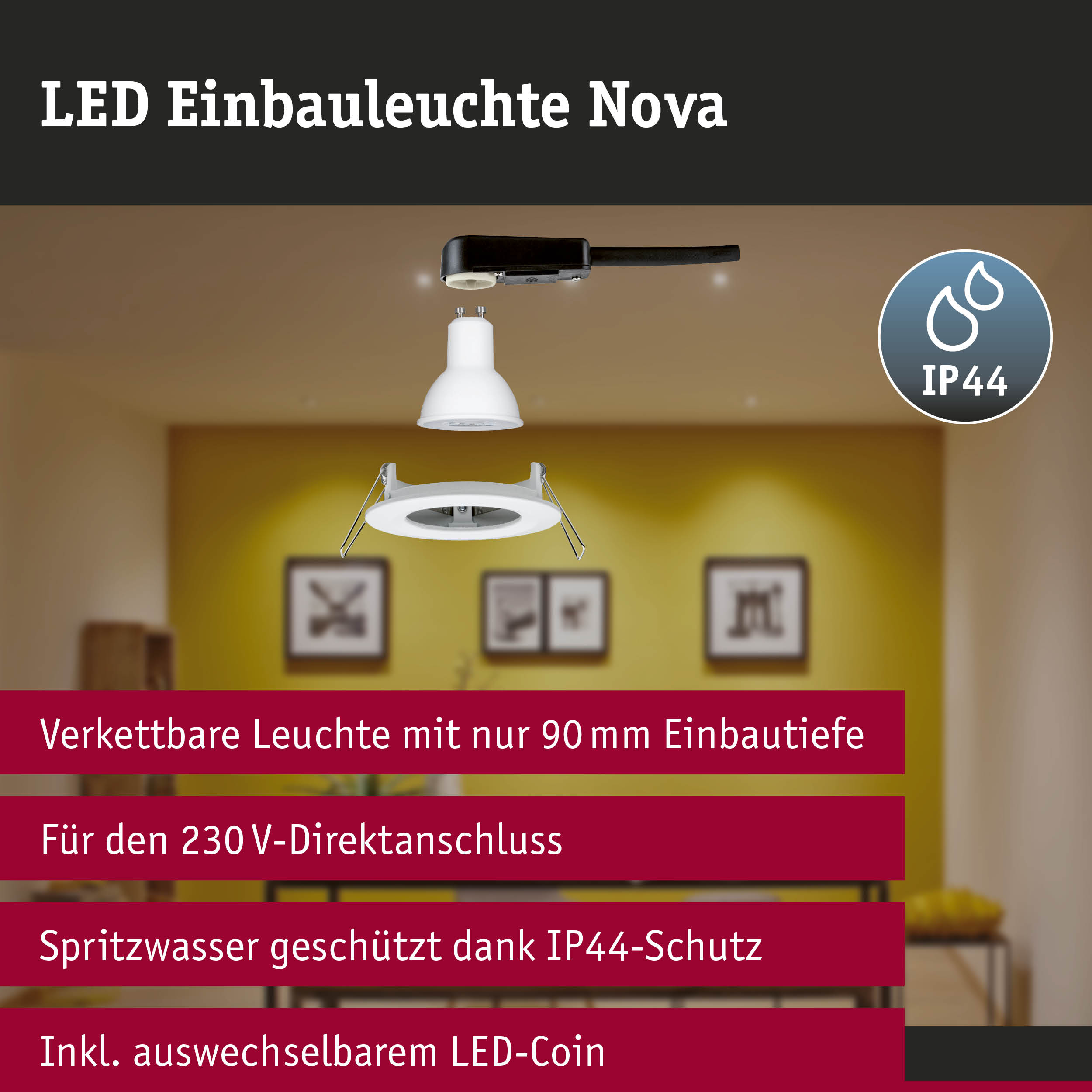 LED Einbauleuchte 3-Step-Dim Nova Basisset starr IP44 rund 78mm GU10 3x6,5W 3x460lm 230V dimmbar 2700K Weiß matt