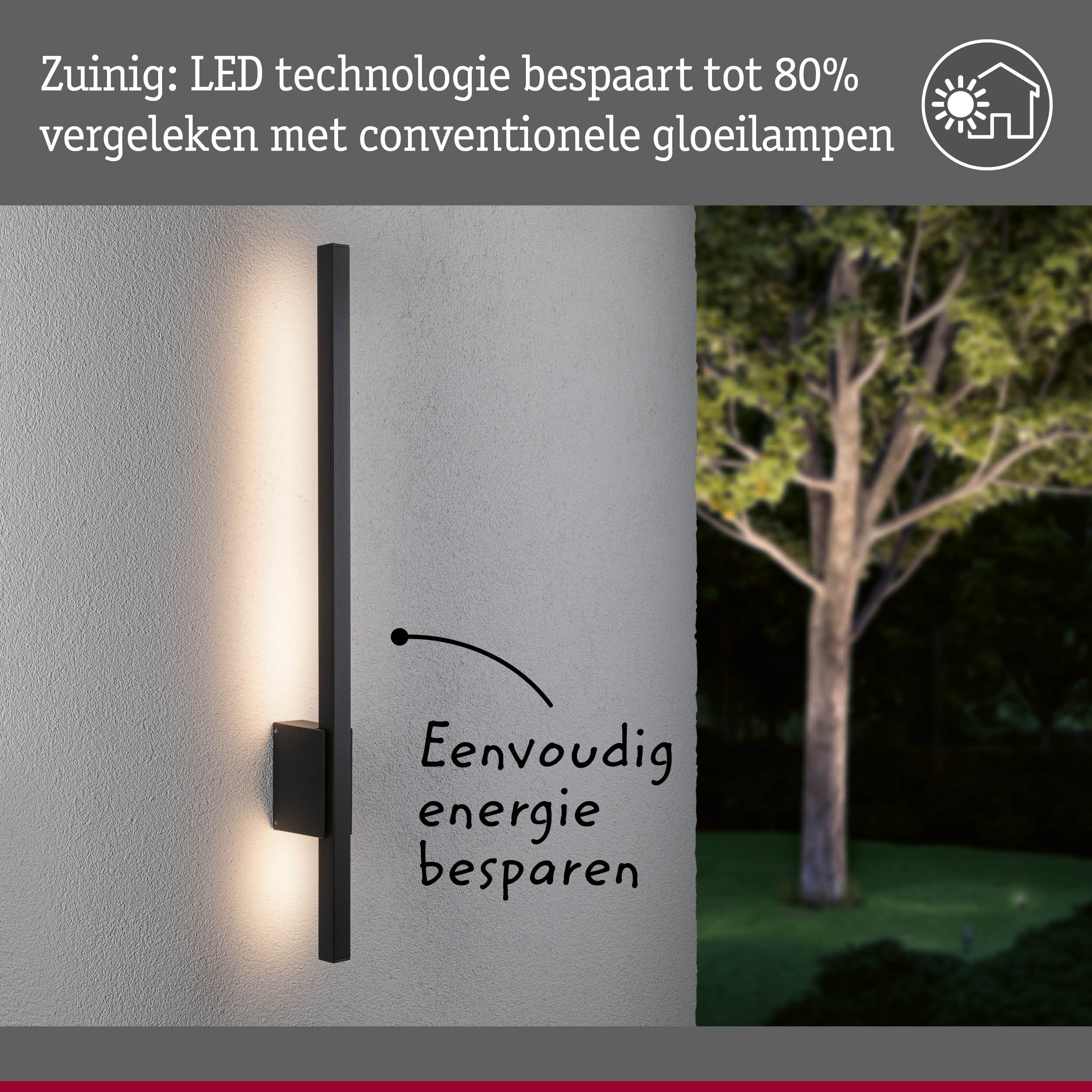 Zwarte LED-wandlamp op grijze muur met energiezuinige verlichting en boom op de achtergrond