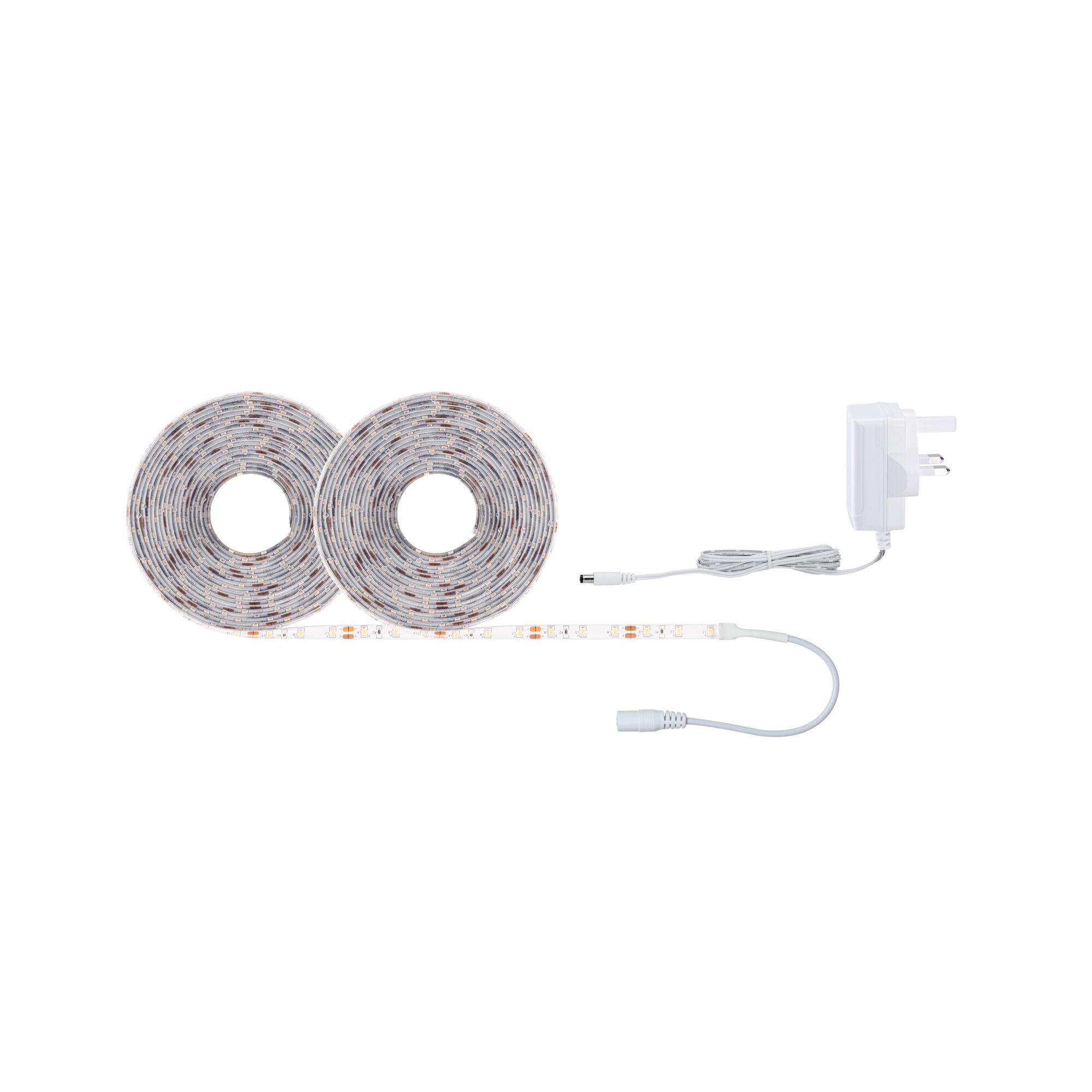 Two white LED light strips with power adapter for flexible indoor lighting solutions
