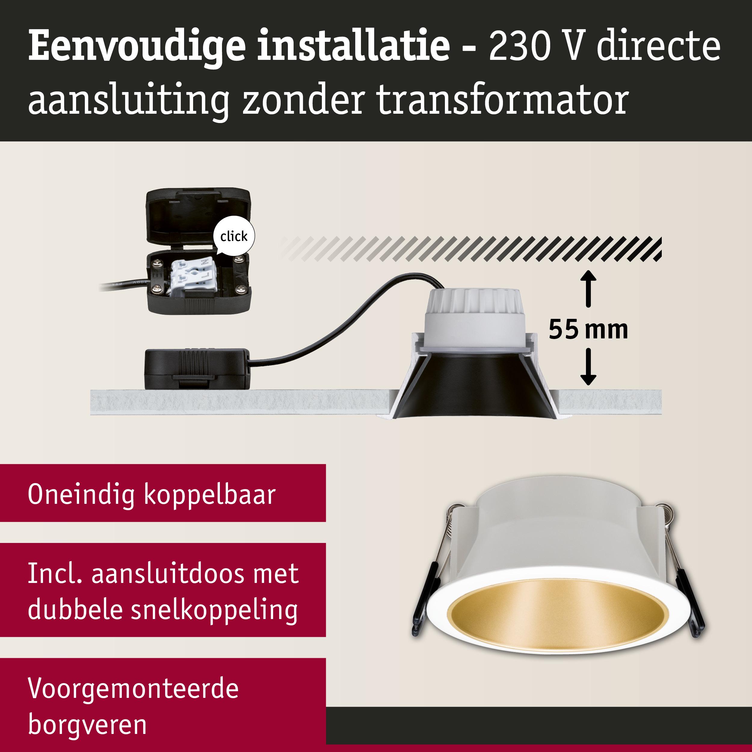 Witte inbouwspot met gouden binnenkant en 55 mm inbouwdiepte, eenvoudige 230 V directe aansluiting