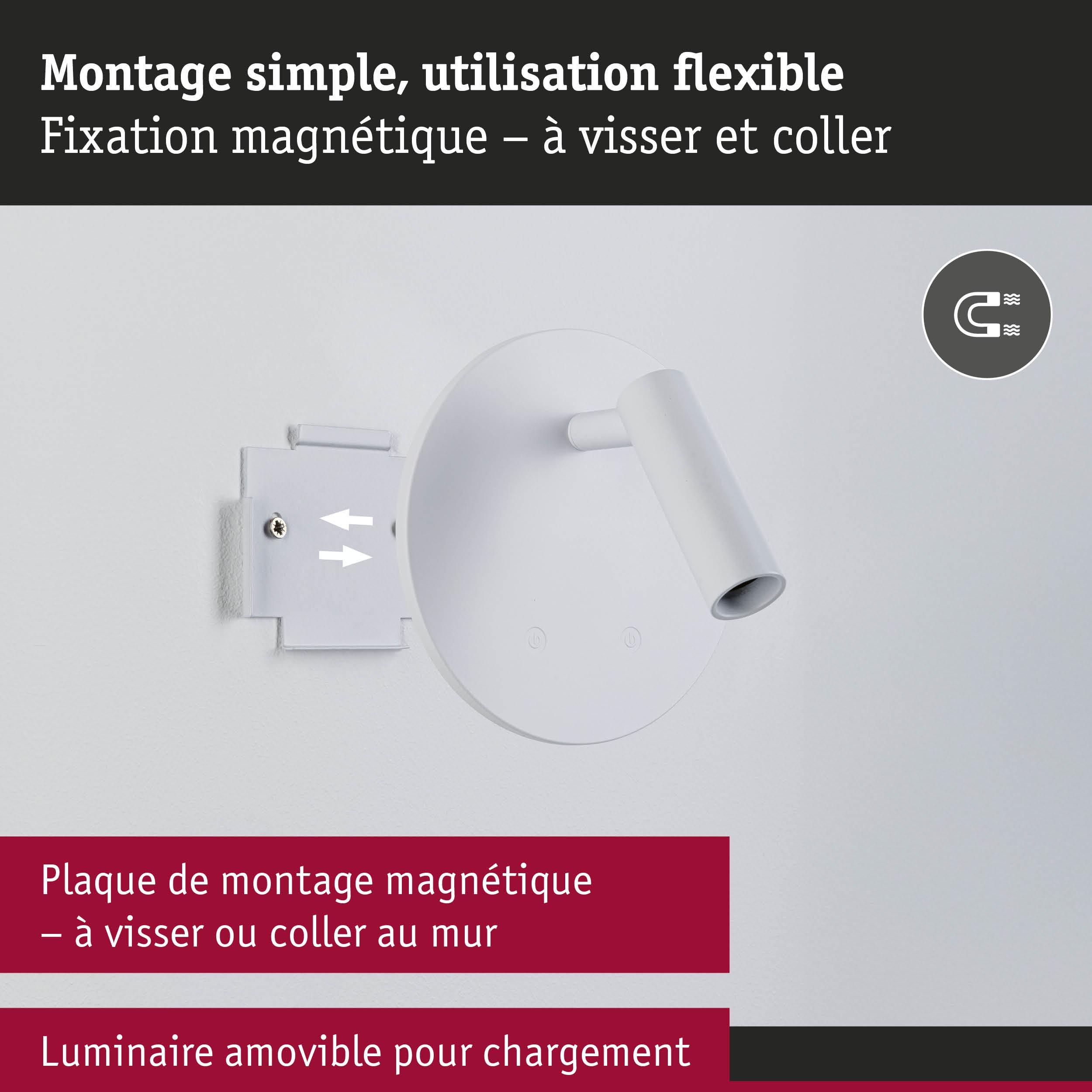 Applique murale blanche magnétique avec plaque de montage amovible pour fixation flexible et chargement
