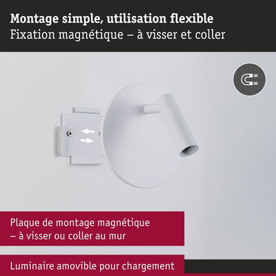 Applique murale blanche magnétique avec plaque de montage amovible pour fixation flexible et chargement