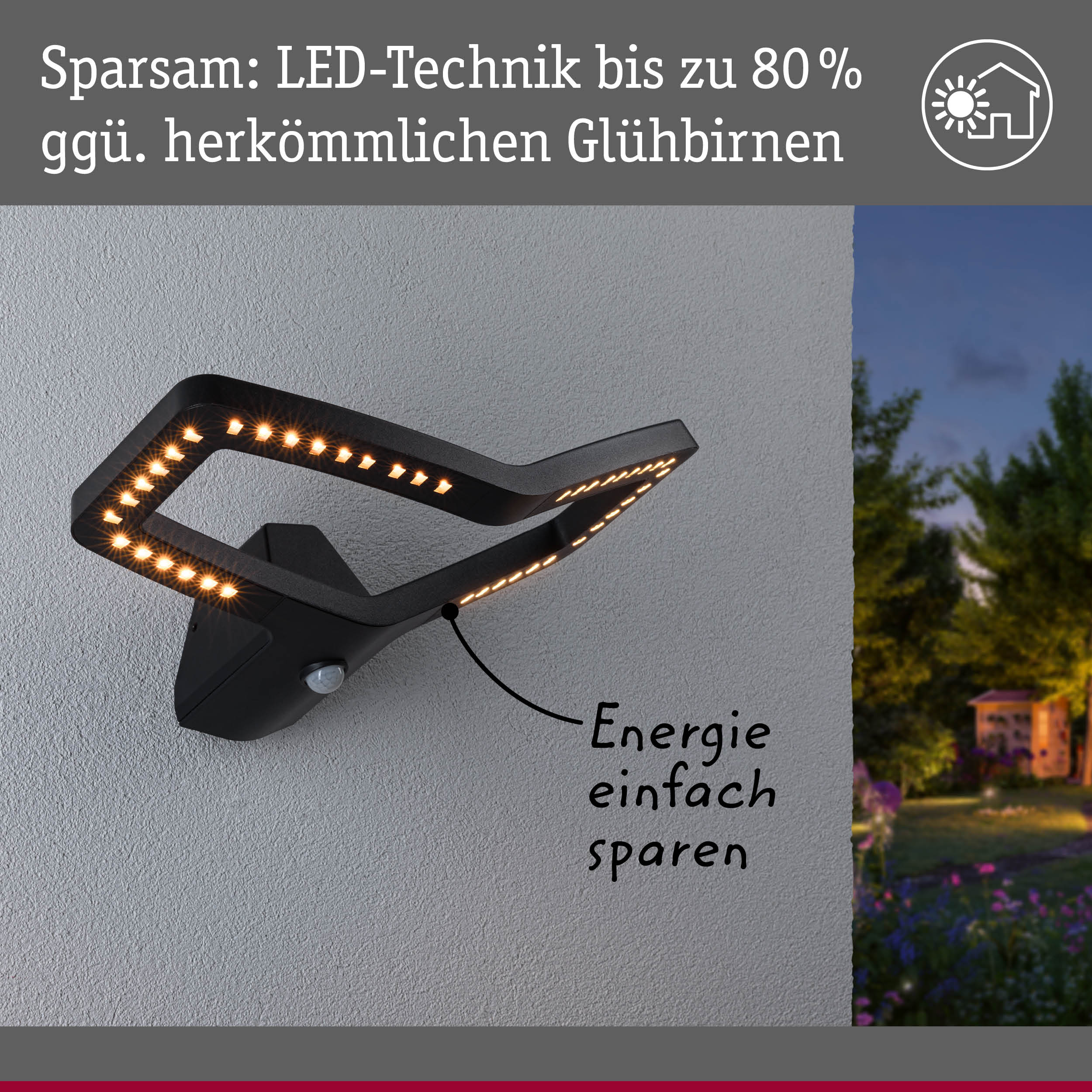 Schwarze LED-Außenwandleuchte mit energiesparender Technik und modernem Design an grauer Wand
