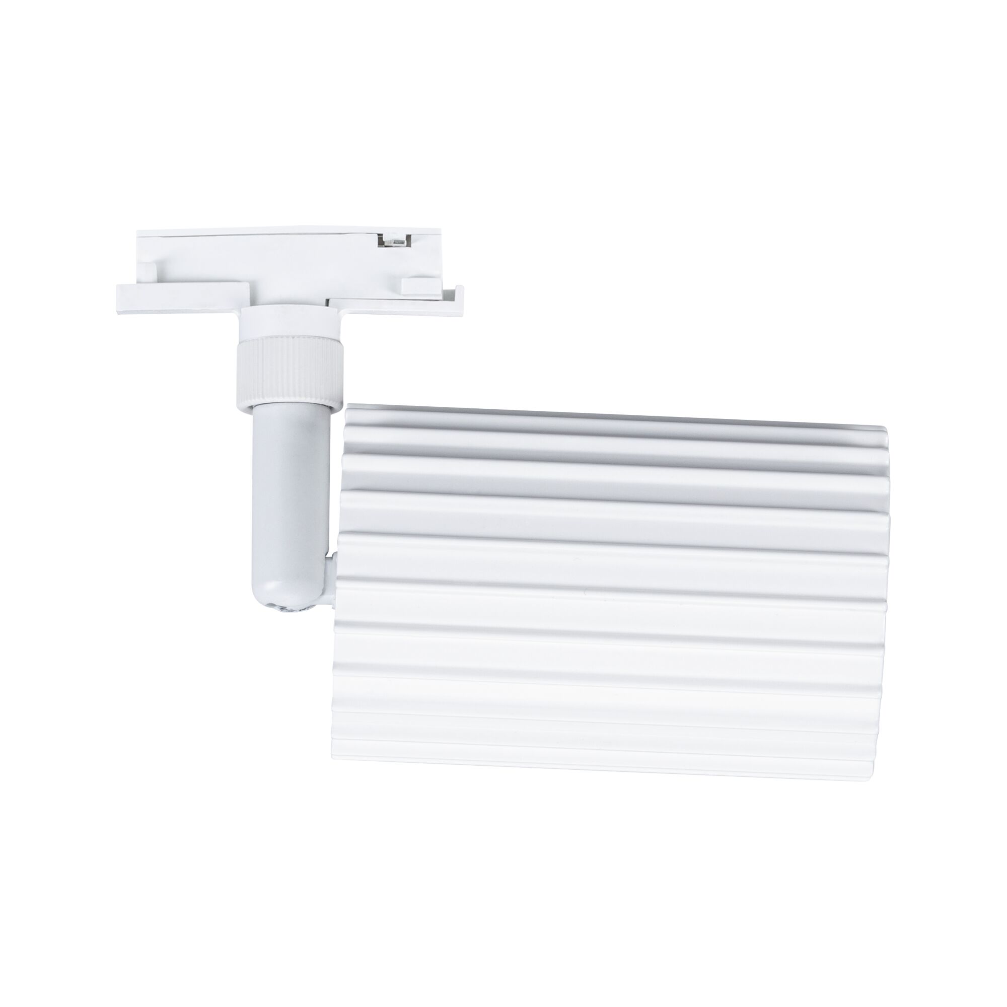 White aluminium LED track spotlight with ribbed design, modern lighting fixture for rail systems
