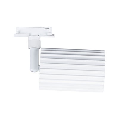 White aluminium LED track spotlight with ribbed design, modern lighting fixture for rail systems