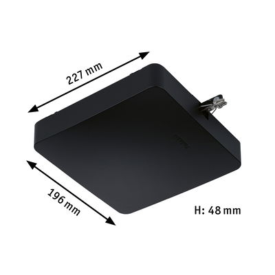 Black square metal LED panel measuring 227x196x48 mm for modern lighting solutions