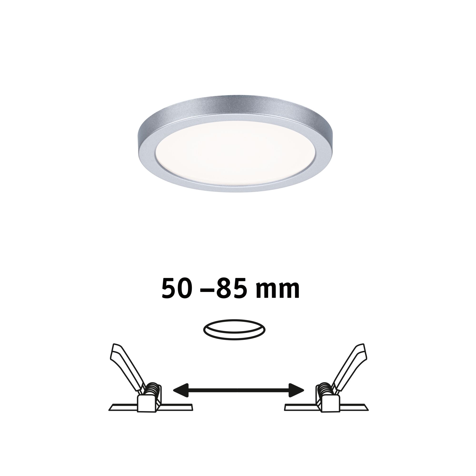 Rundes LED-Einbaupanel in Silber mit weißem Licht, Einbaudurchmesser 50-85 mm, moderne Deckenleuchte