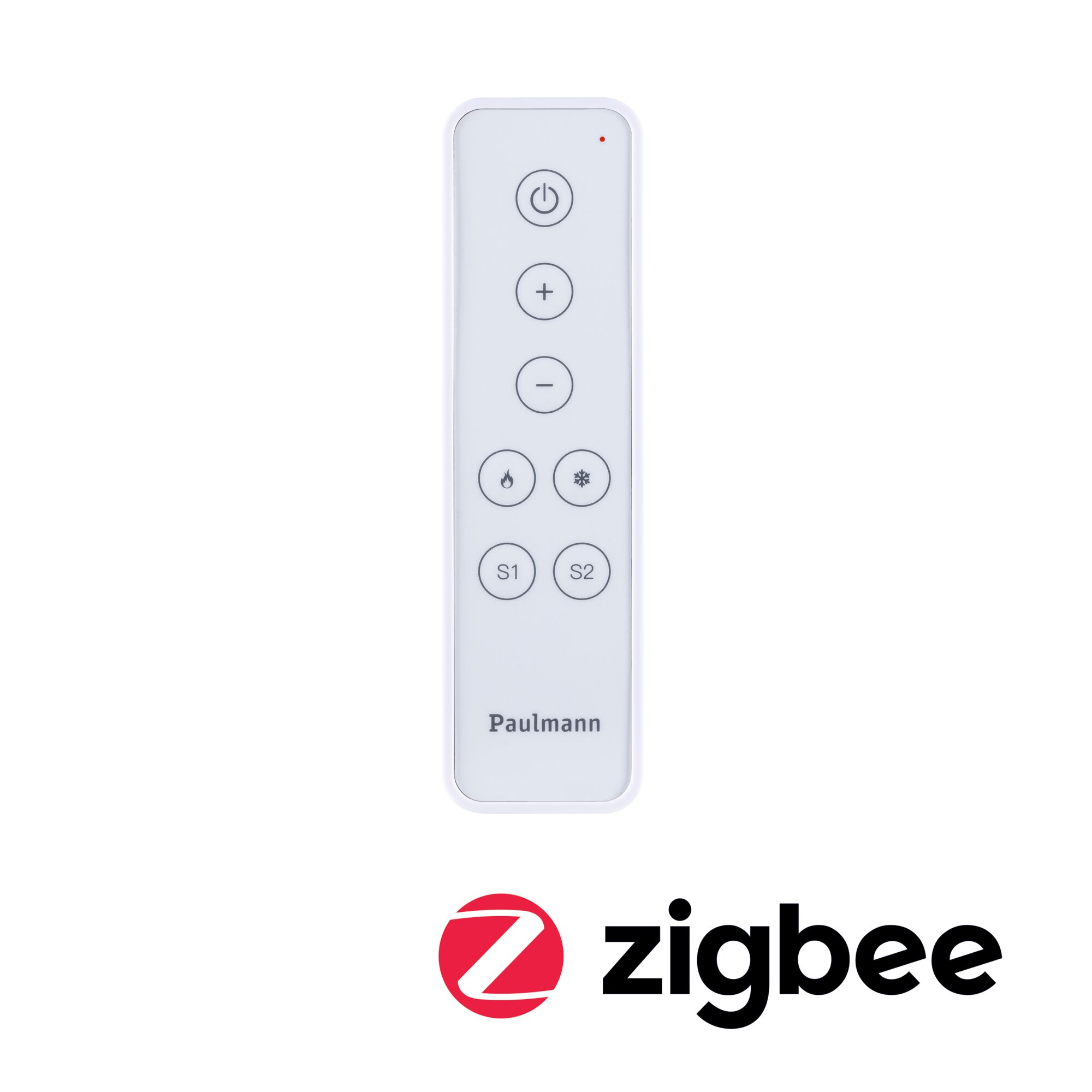 White Paulmann remote control with power, brightness, and scene buttons, compatible with Zigbee lighting systems