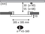 Technical drawing showing 185x185 mm dimensions and 30 mm installation depth for LED downlight.