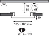 Technical drawing showing 185x185 mm dimensions and 30 mm installation depth for LED downlight.