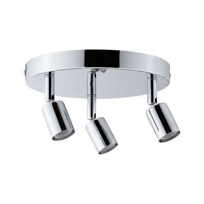 Round ceiling spotlight in chrome metal with three adjustable heads for targeted lighting