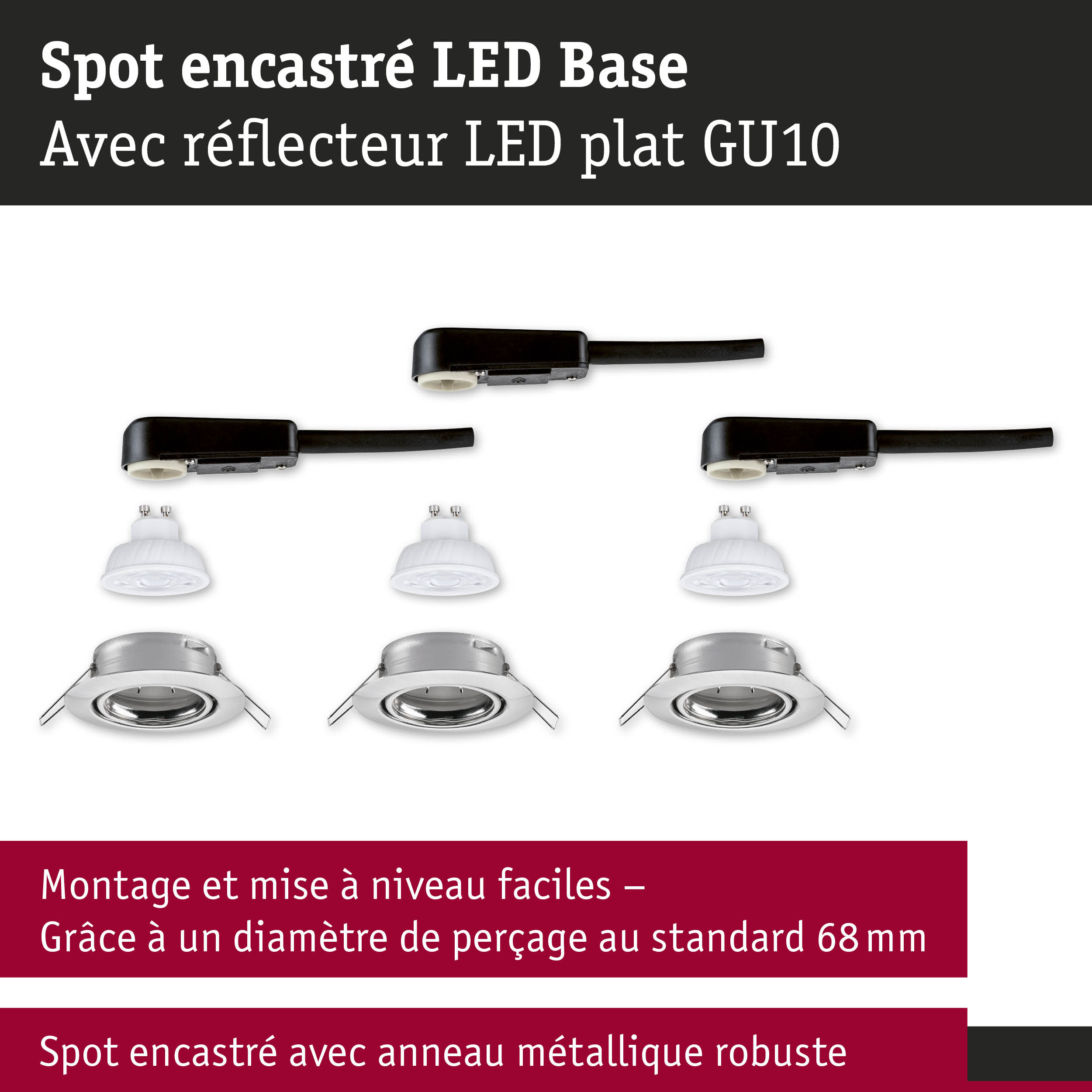 Spot encastré LED avec réflecteur plat GU10 et anneau métallique robuste argenté pour éclairage