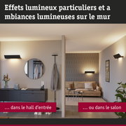 Appliques murales noires modernes créant des effets lumineux chaleureux dans l'entrée et le salon pour un éclairage élégant