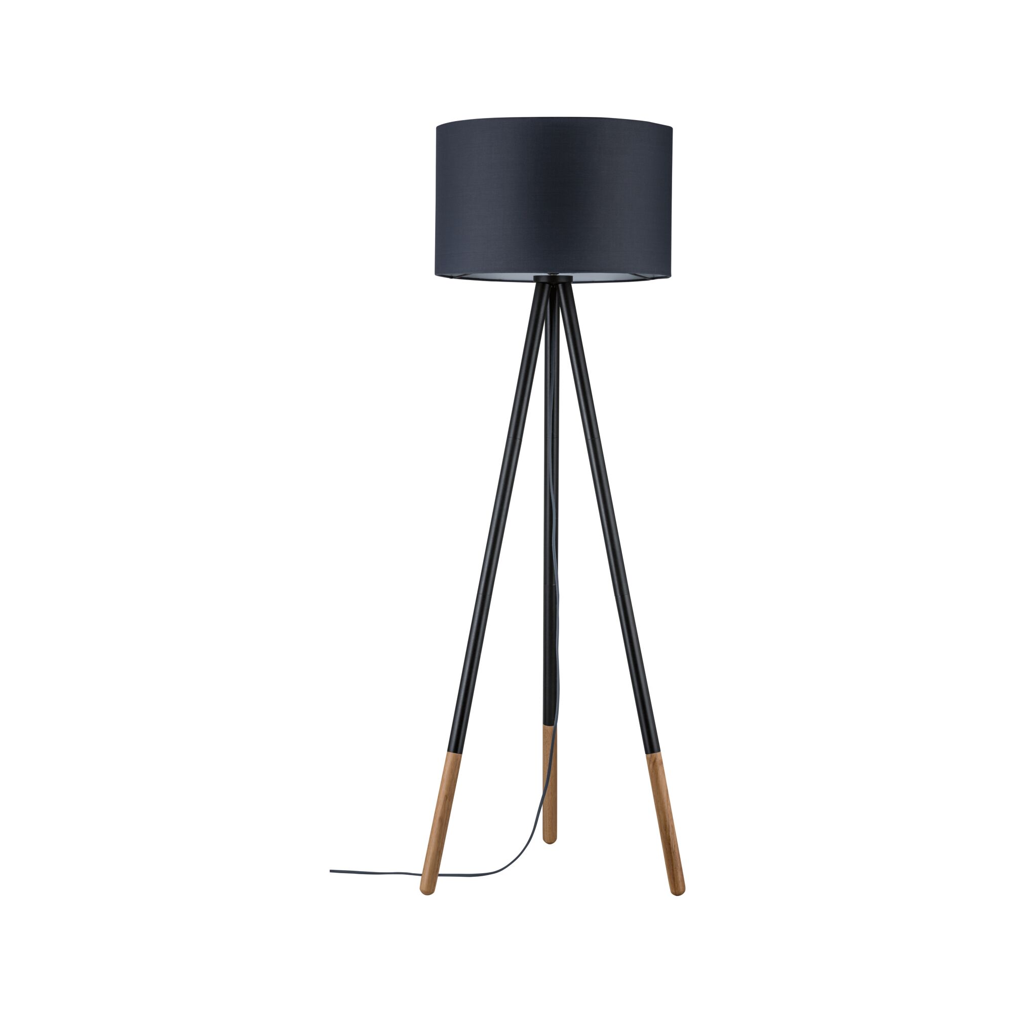 Lampa stojąca z czarnym abażurem i drewniano-metalową podstawą, nowoczesne oświetlenie do salonu