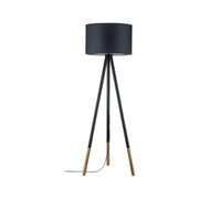 Lampa stojąca z czarnym abażurem i drewniano-metalową podstawą, nowoczesne oświetlenie do salonu