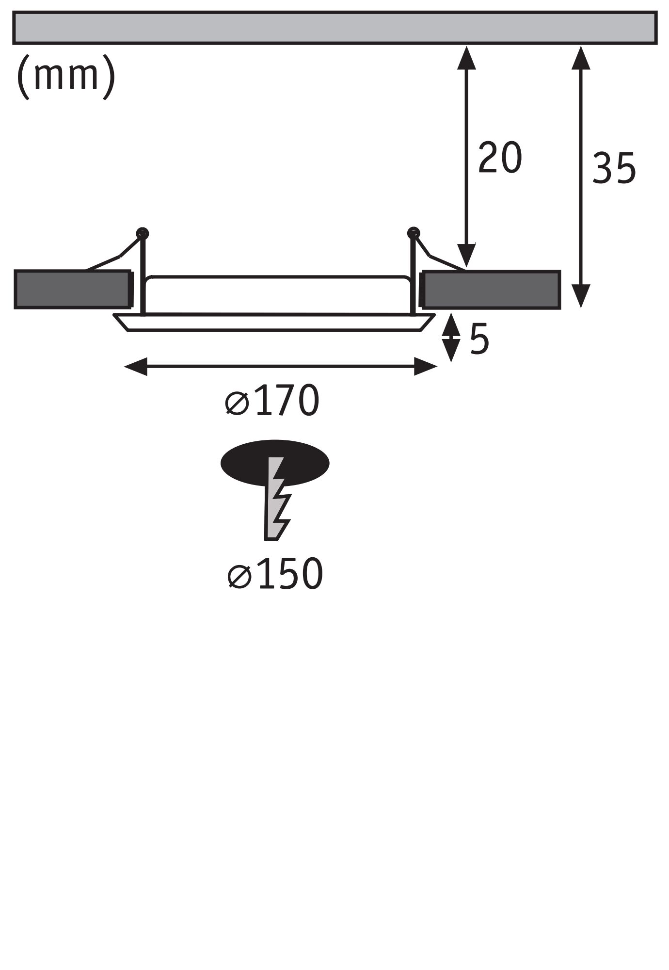 Teknisk tegning af indbygningslys med 170 mm diameter og 35 mm installationsdybde