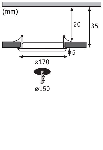 Teknisk tegning af indbygningslys med 170 mm diameter og 35 mm installationsdybde
