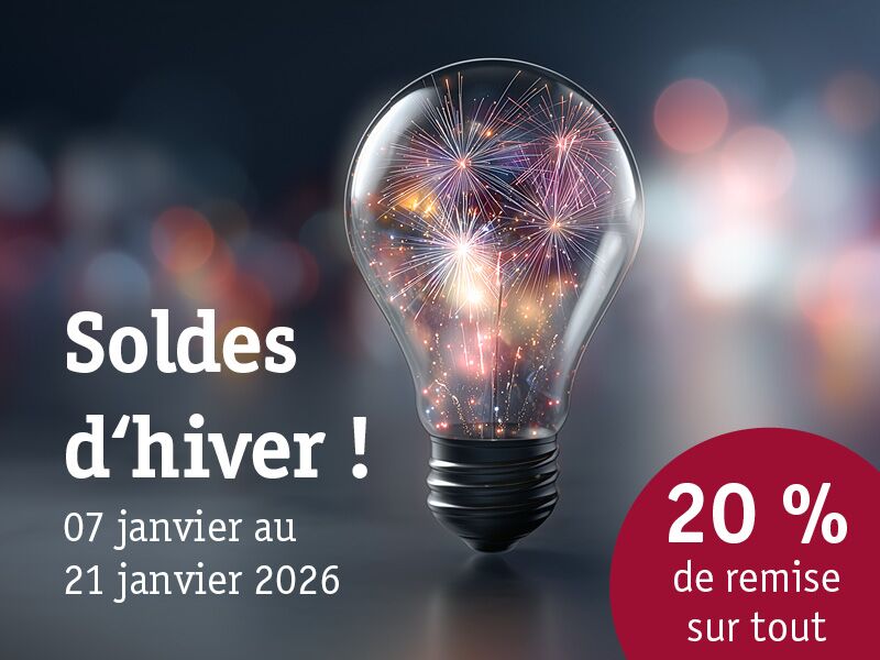 Ampoule avec feux d'artifice illustrant les soldes d'hiver avec 20 % de remise