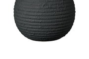 Round black ceramic flower pot with textured surface and horizontal ridges pattern