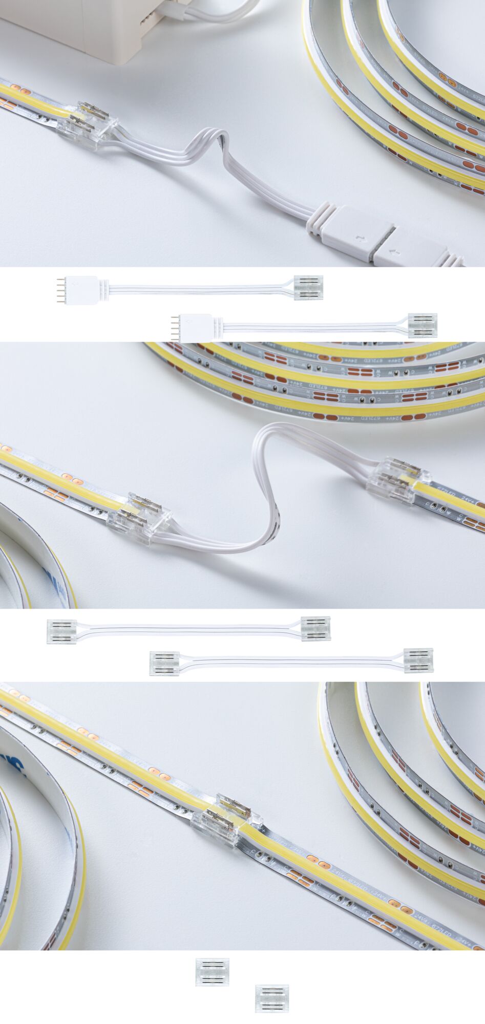 White LED connector cable for flexible LED strips with transparent plugs for easy installation.