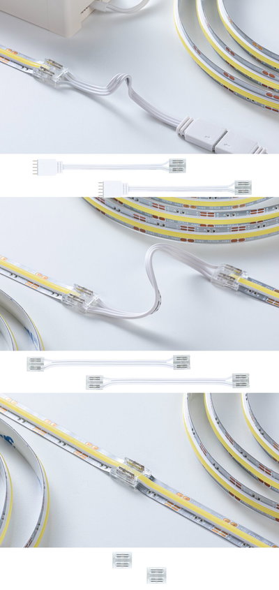 Hvid LED-forbindelseskabel til fleksible LED-strips med gennemsigtige stik til nem installation.