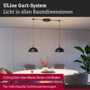 Modernes ULine Gurt-System mit schwarzen Hängeleuchten und rotem Kabel in gemütlichem Esszimmer