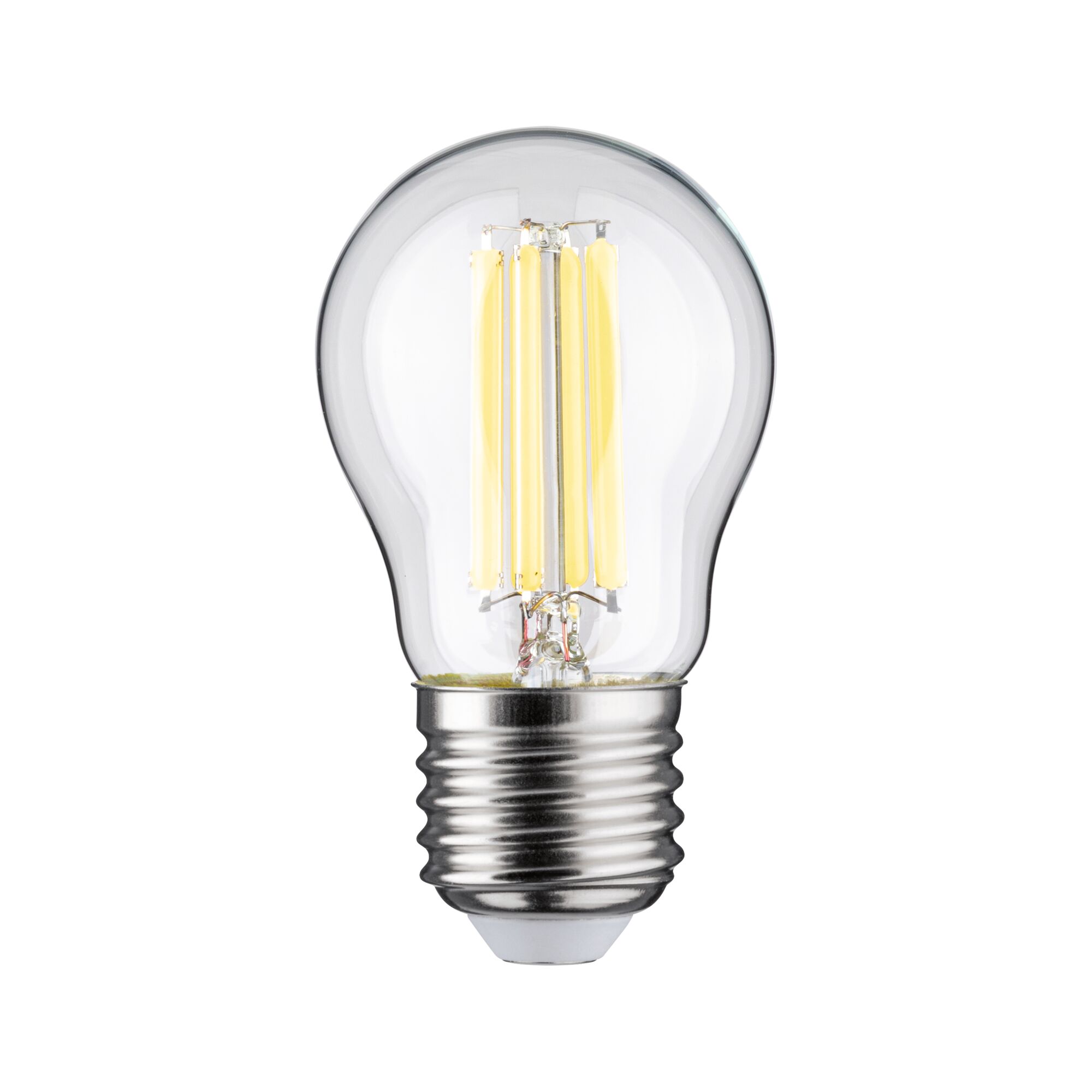 Klassische LED-Glühbirne mit transparentem Glas und silbernem Metallgewinde für energiesparende Beleuchtung