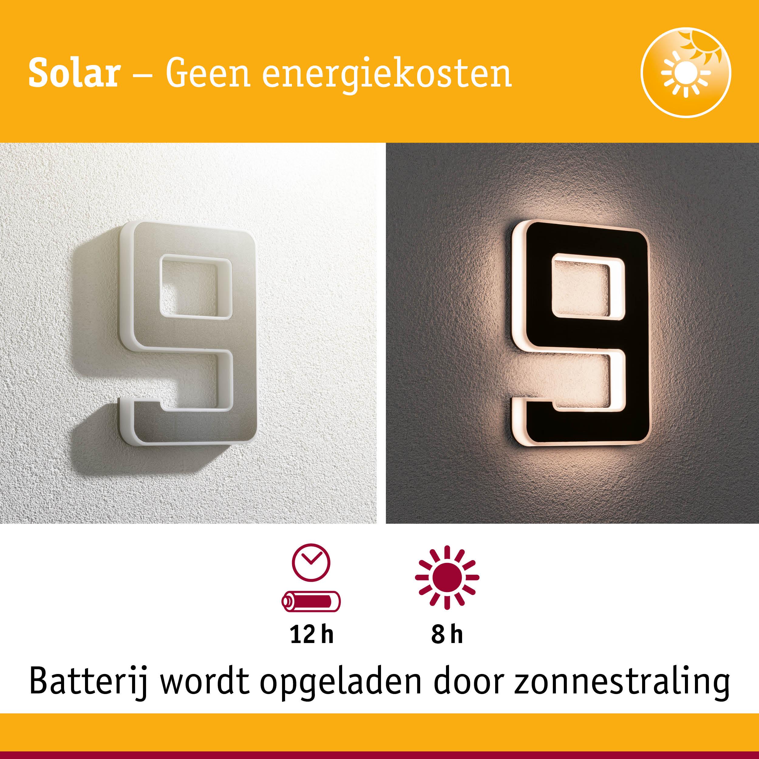 Zonne-energie huisnummer 9 van metaal met witte en verlichte zwarte afwerking, energiebesparend