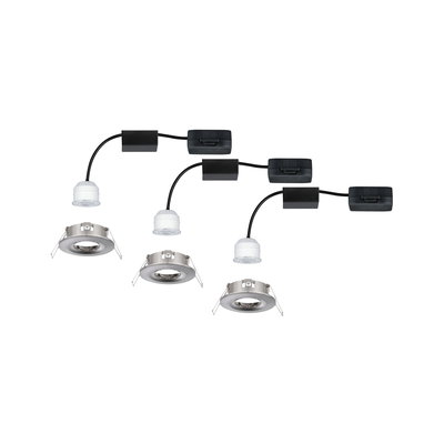 Trois spots encastrés ronds en métal brossé avec modules LED blancs et câbles noirs pour éclairage intérieur