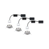 Drei runde Einbaustrahler aus gebürstetem Metall mit weißen LED-Modulen und schwarzen Kabeln für Innenbeleuchtung