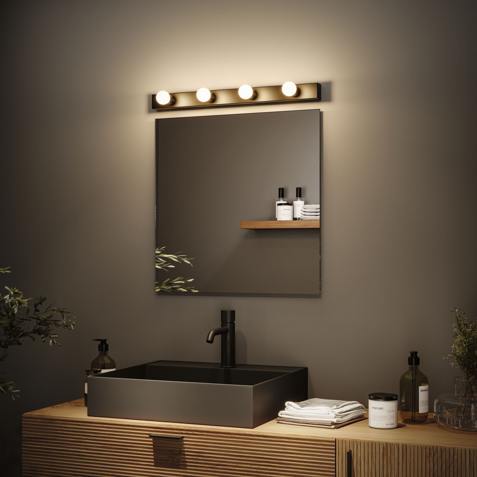 Modern bathroom with black metal sink and wooden cabinet, illuminated by LED mirror light fixture.