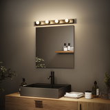 Modern bathroom with black metal sink and wooden cabinet, illuminated by LED mirror light fixture.