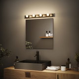 Modernes Badezimmer mit schwarzem Waschbecken aus Metall und Holzunterschrank, LED-Spiegelleuchte.
