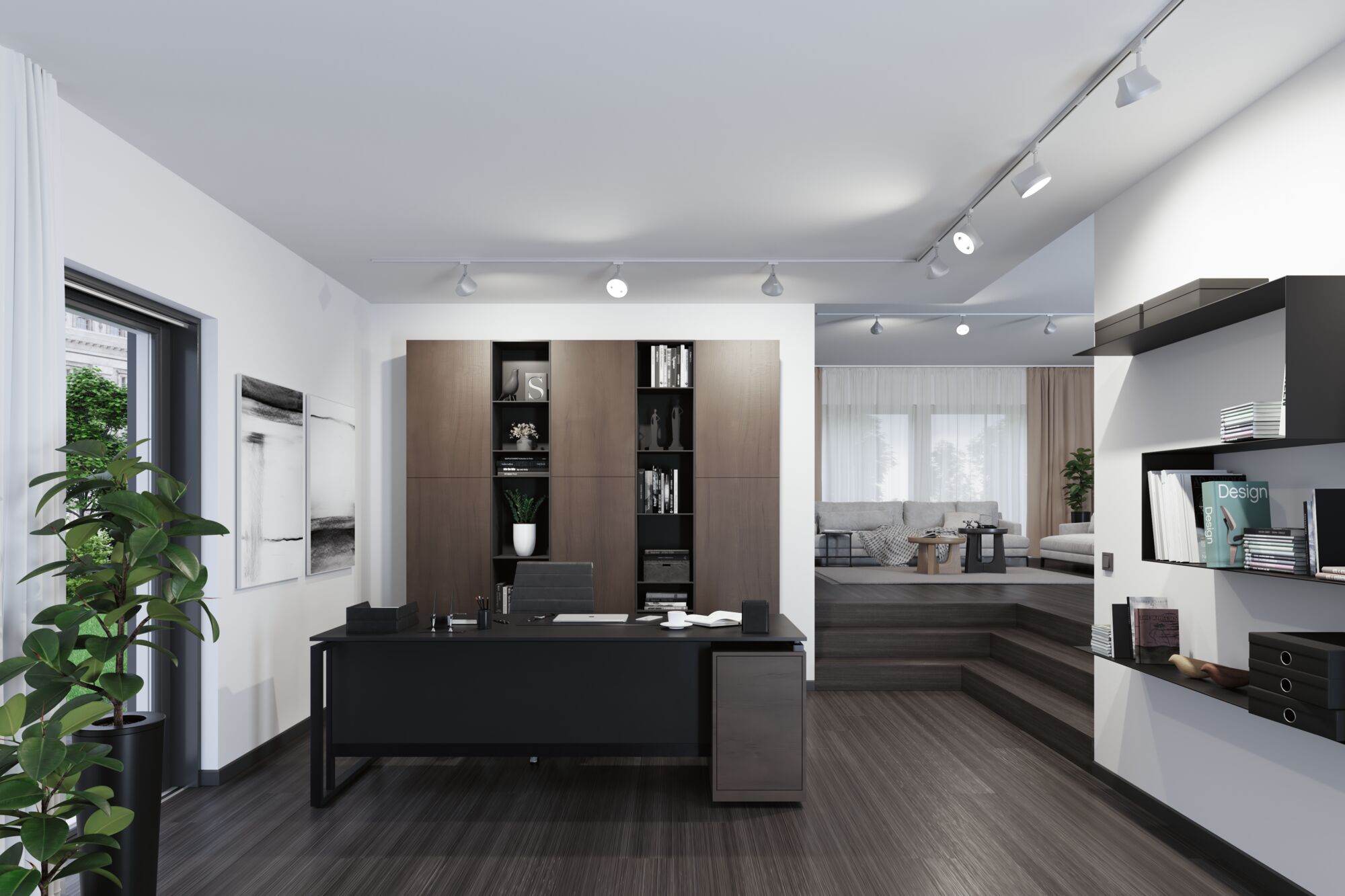 Modernes Büro mit schwarzem Schreibtisch, braunem Holzregal und LED-Deckenstrahlern für Arbeitsbeleuchtung