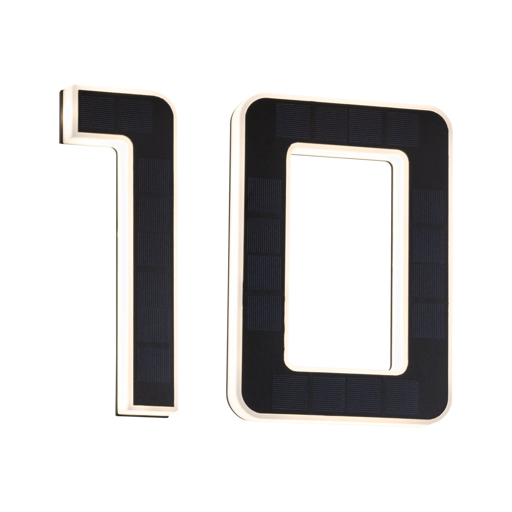 Modern house number 10 with black solar panels and white LED lighting for outdoor use