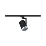 Black metal LED spotlight with silver trim on track system for adjustable lighting