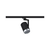 Schwarzer LED-Spot aus Metall mit silbernem Rand an Schienensystem für flexible Beleuchtung