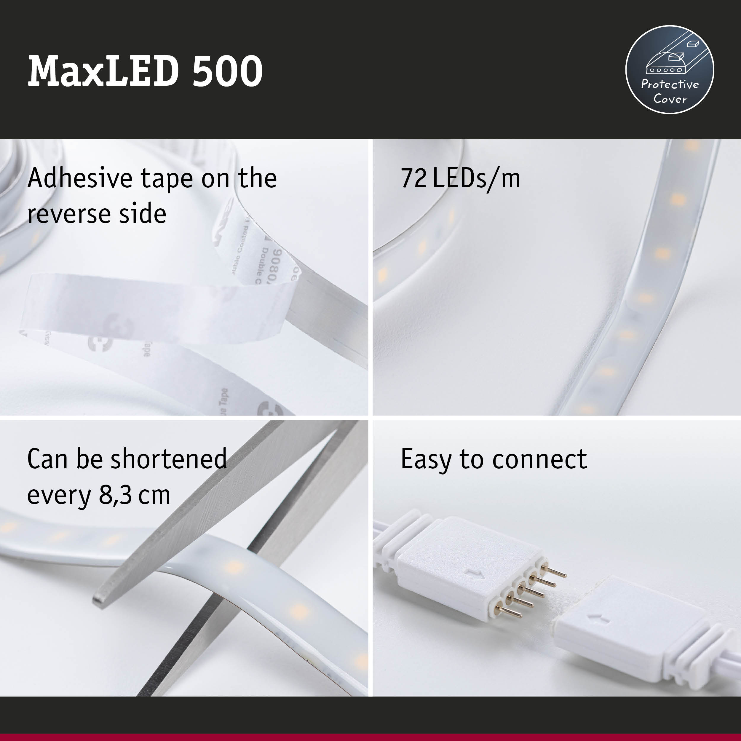 MaxLED 500 LED strip with protective cover, 72 LEDs per meter, adhesive tape and cuttable