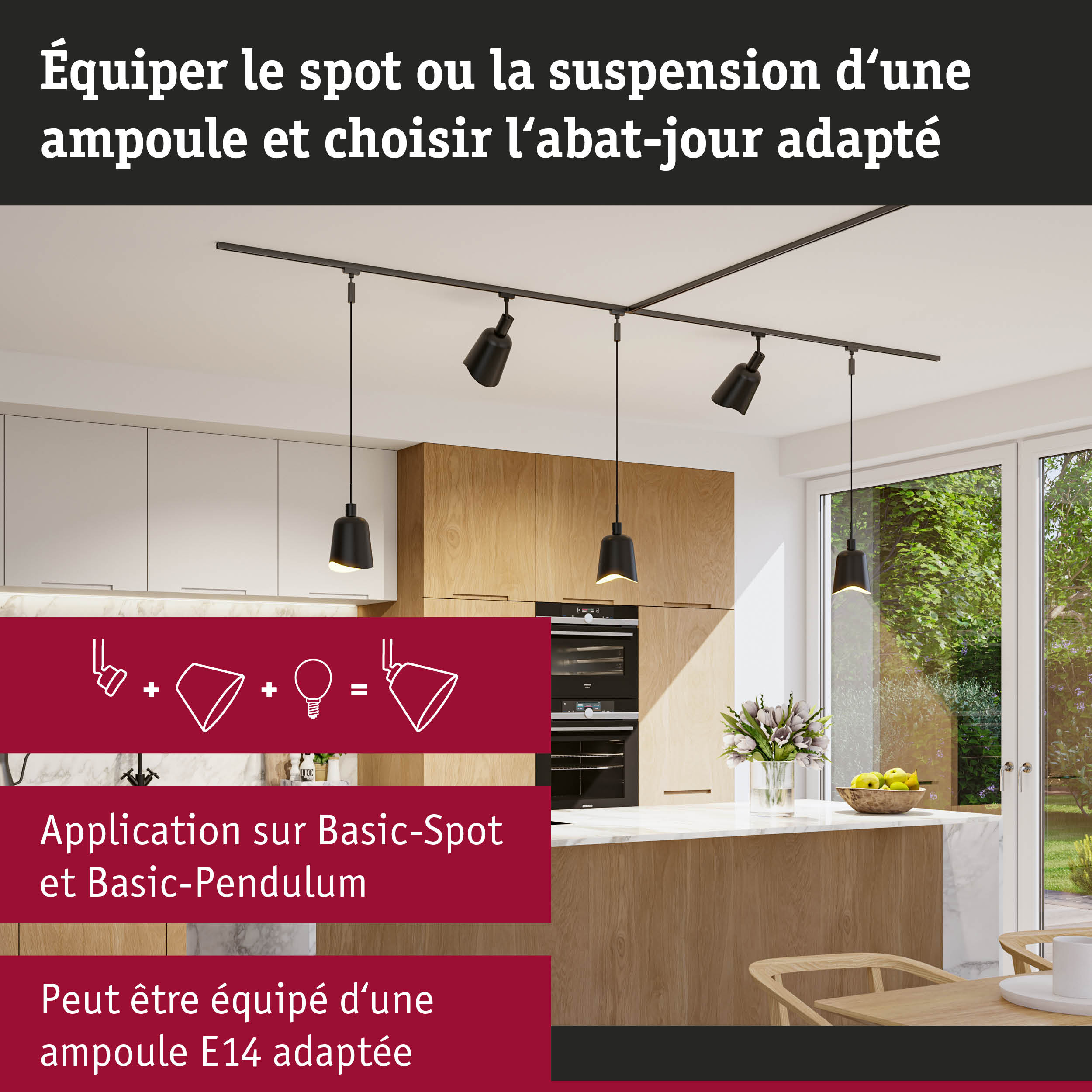 Suspensions et spots noirs modernes dans une cuisine avec meubles en bois et grande fenêtre