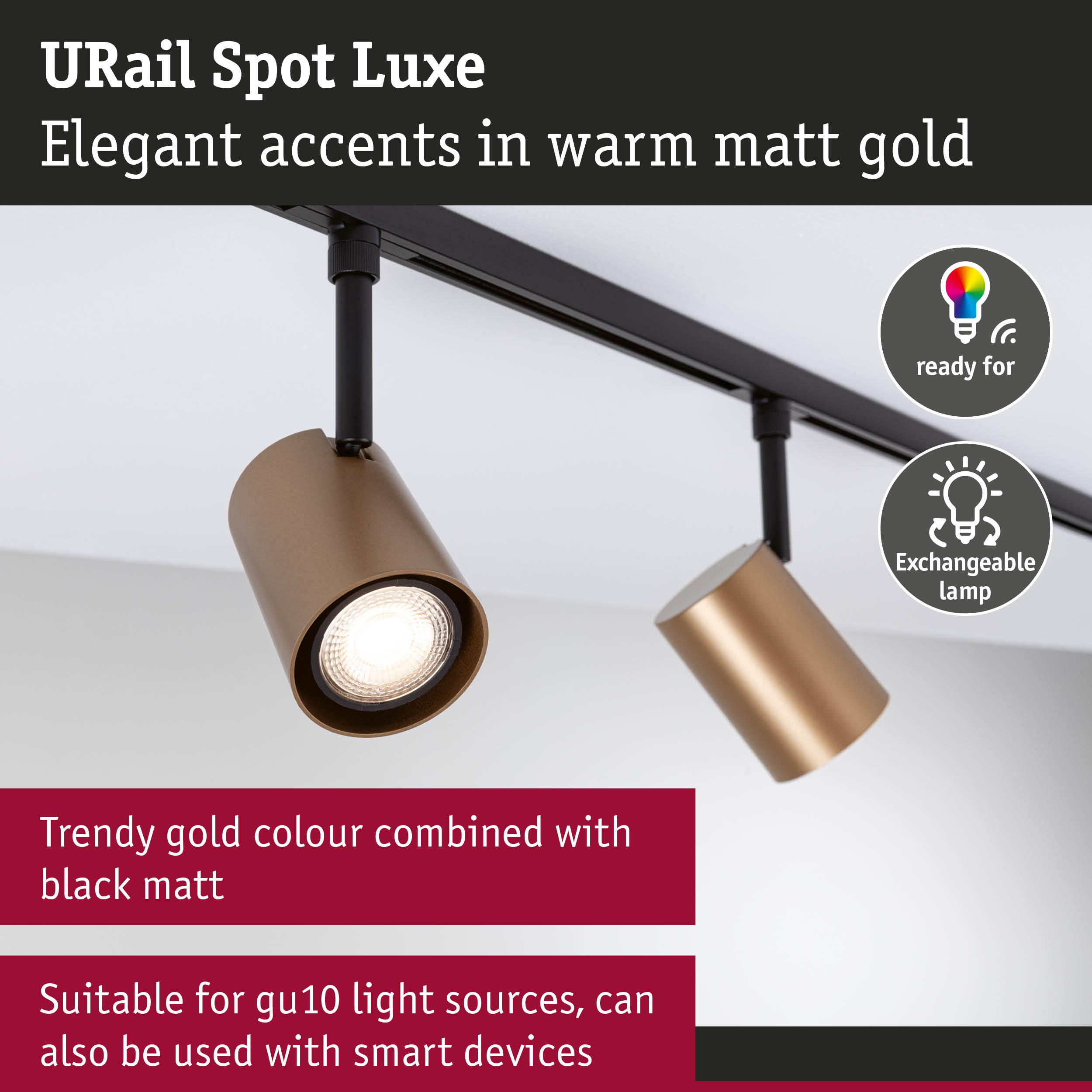 URail Spot Luxe matte gold spotlight with black rail, dimmable and compatible with smart devices
