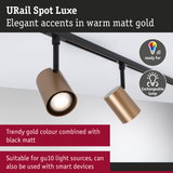 URail Spot Luxe matte gold spotlight with black rail, dimmable and compatible with smart devices