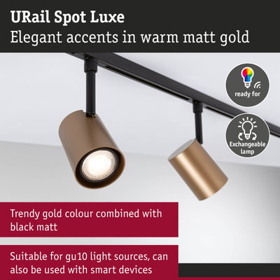 URail Spot Luxe matte gold spotlight with black rail, dimmable and compatible with smart devices