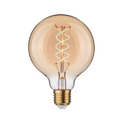 Round amber LED filament bulb with spiral design and E27 base for decorative lighting use