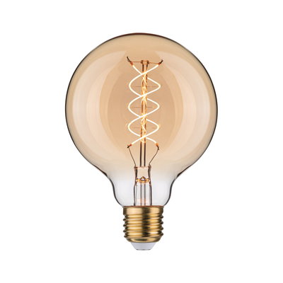 Round amber LED filament bulb with spiral design and E27 base for decorative lighting use