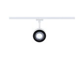 Weißer LED-Spot an Schienensystem mit schwarzem Kühlkörper, moderner Strahler für Innenbeleuchtung