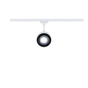 Weißer LED-Spot an Schienensystem mit schwarzem Kühlkörper, moderner Strahler für Innenbeleuchtung